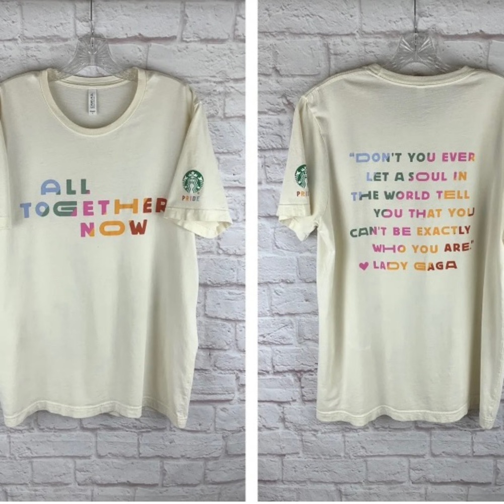 a Starbucks and Lady Gaga shirt.